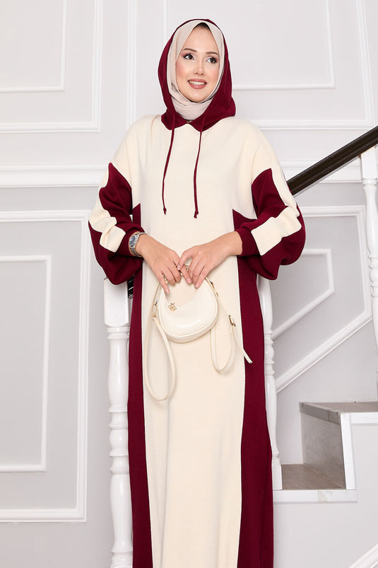 Robe de sport à capuche en maille bordeaux-écru