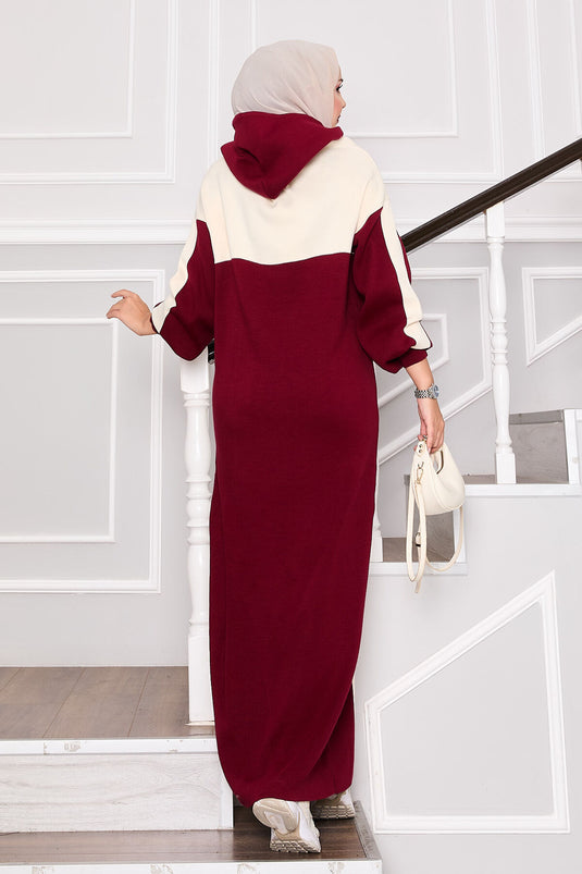 Robe de sport à capuche en maille bordeaux-écru