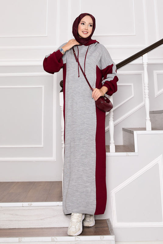 Robe de sport à capuche en tricot bordeaux-gris