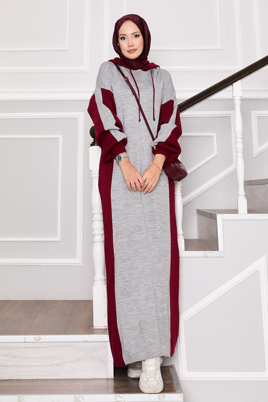 Robe de sport à capuche en tricot bordeaux-gris