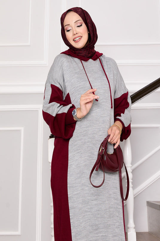 Robe de sport à capuche en tricot bordeaux-gris