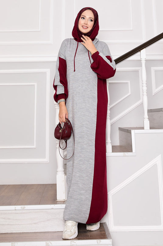 Robe de sport à capuche en tricot bordeaux-gris