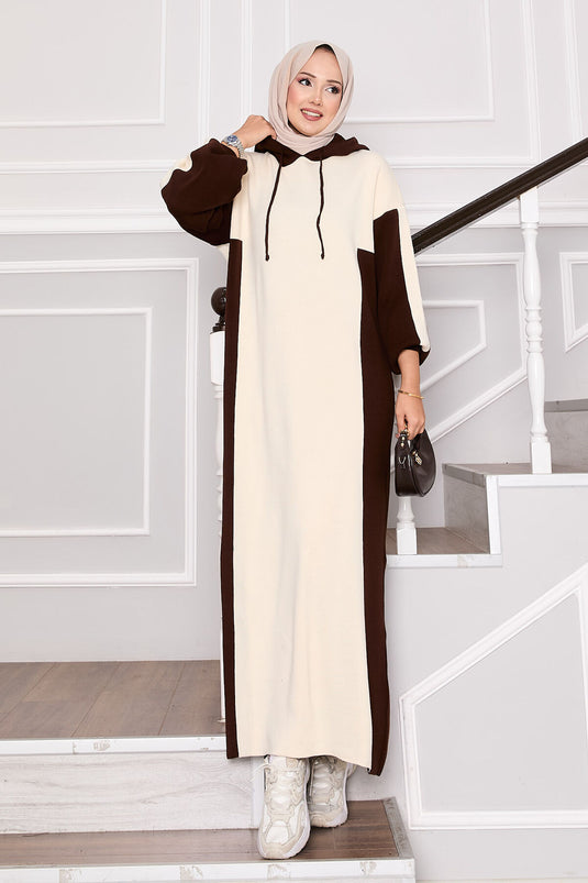 Robe de sport à capuche en tricot écru-marron