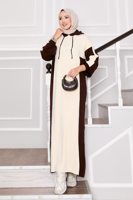 Robe de sport à capuche en tricot écru-marron