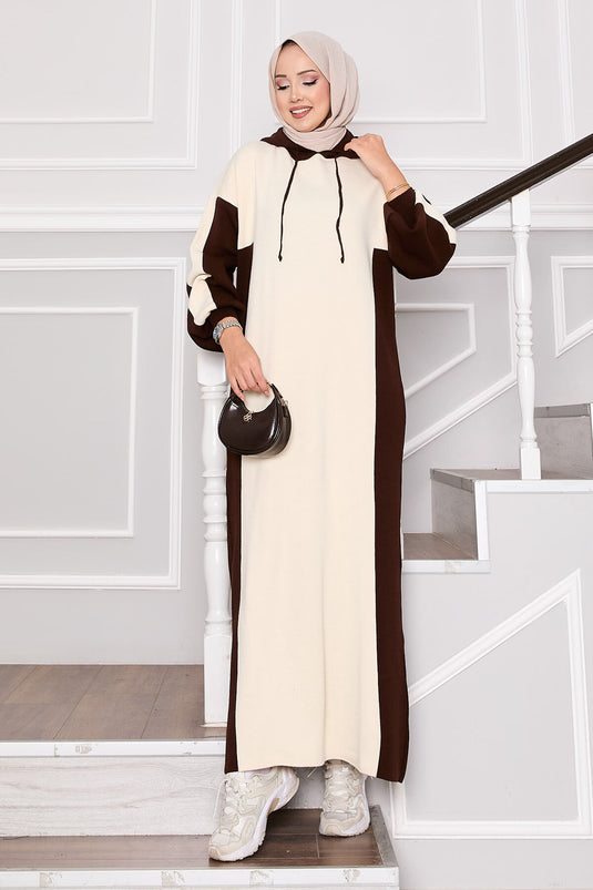 Robe de sport à capuche en tricot écru-marron