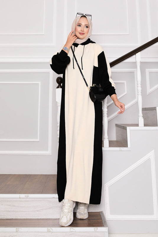 Hooded Sports Knit Dress Black-Ecru