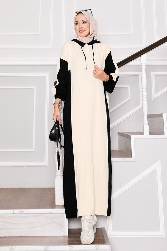 Hooded Sports Knit Dress Black-Ecru
