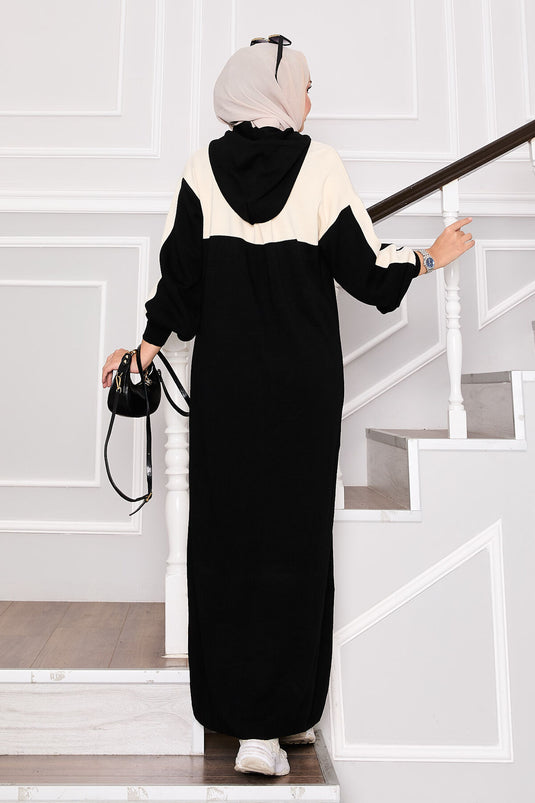 Hooded Sports Knit Dress Black-Ecru