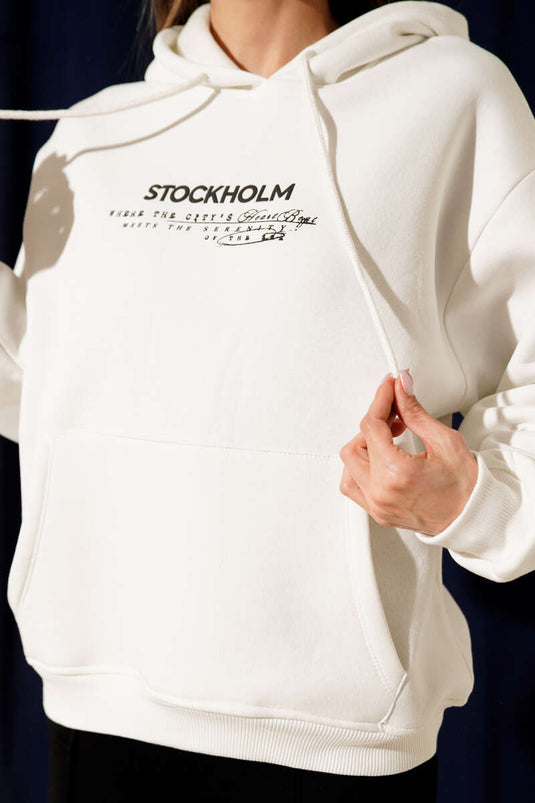 Sweat à capuche imprimé Stockholm, écru