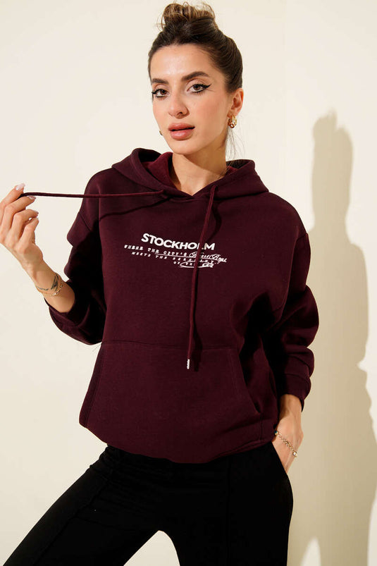 Kapüşonlu Stockholm Baskılı Sweatshirt Mürdüm