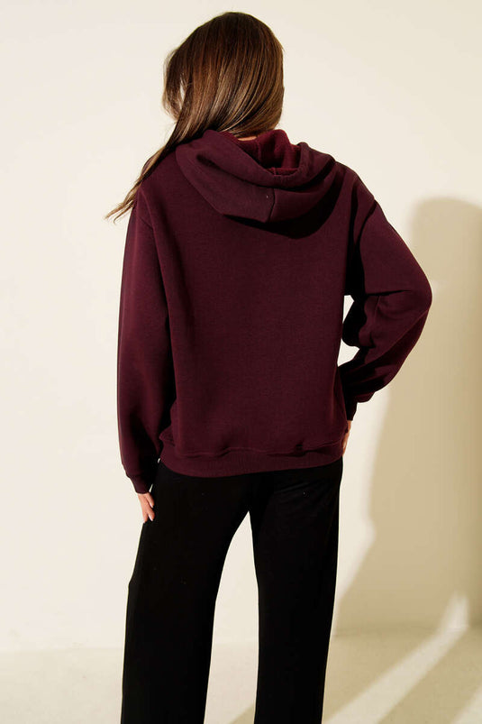 Kapüşonlu Stockholm Baskılı Sweatshirt Mürdüm