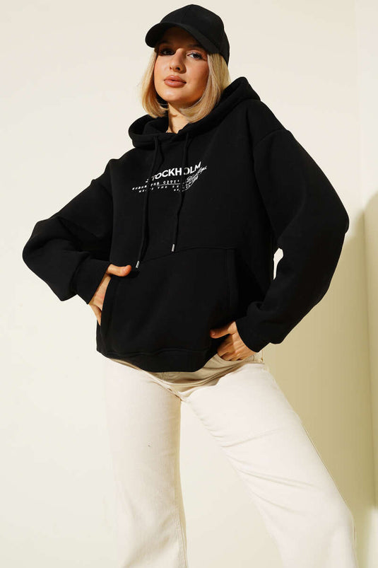 Hooded Sweatshirt with Stockholm Print, Black