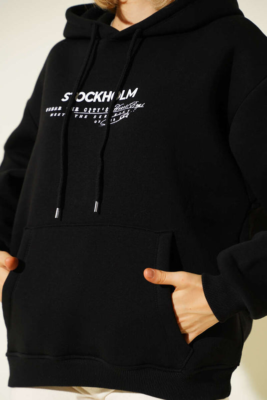 Hooded Sweatshirt with Stockholm Print, Black