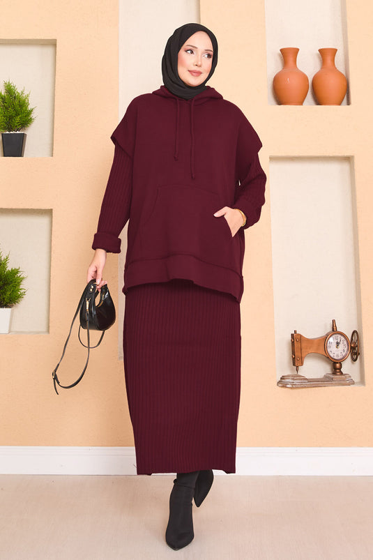 Hooded Sweater Detailed Hijab Two-Piece Dress Set Burgundy