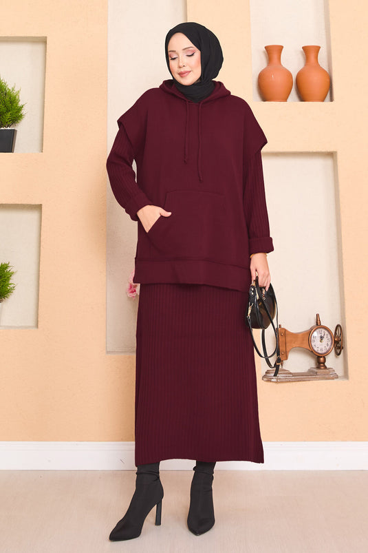 Hooded Sweater Detailed Hijab Two-Piece Dress Set Burgundy