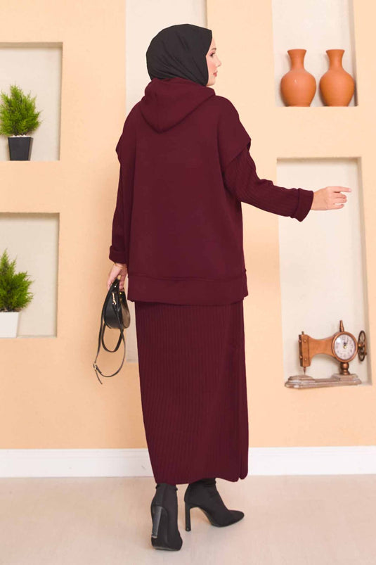 Hooded Sweater Detailed Hijab Two-Piece Dress Set Burgundy