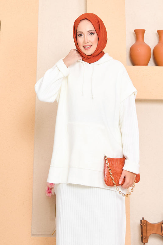 طقم فستان حجاب من قطعتين بتفاصيل سترة بغطاء رأس، لون بيج فاتح