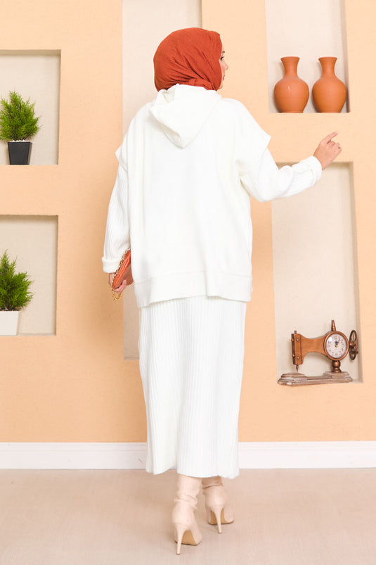 Hooded Sweater Detailed Hijab Two-Piece Dress Set Ecru