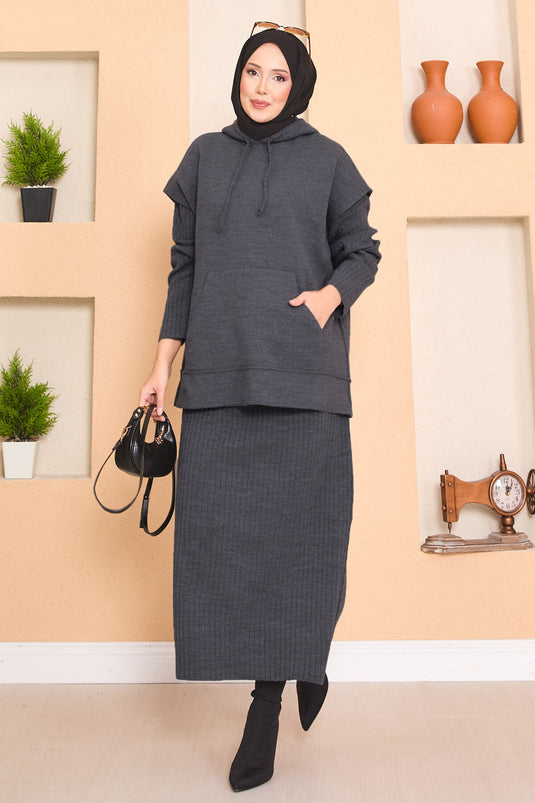 Hooded Sweater Detailed Hijab Two-Piece Dress Set Gray