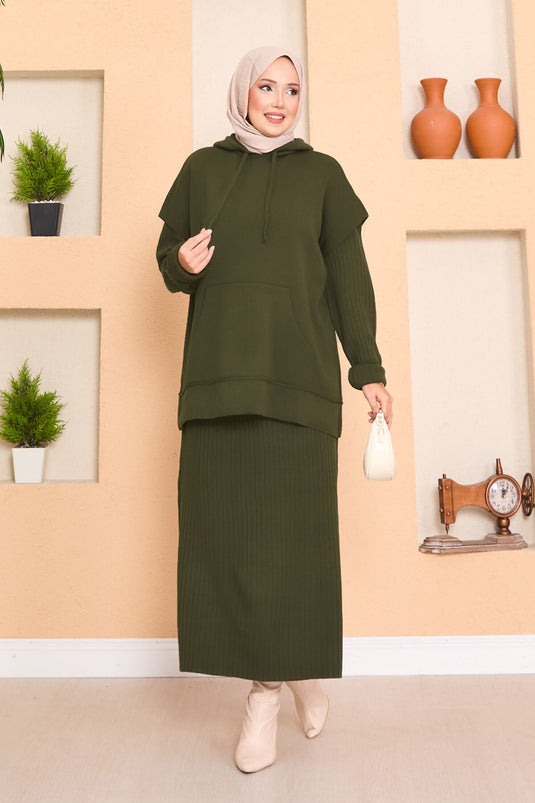 طقم فستان حجاب من قطعتين بتفاصيل سترة بغطاء للرأس، لون كاكي