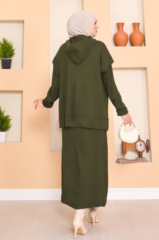 Hooded Sweater Detailed Hijab Two-Piece Dress Set Khaki