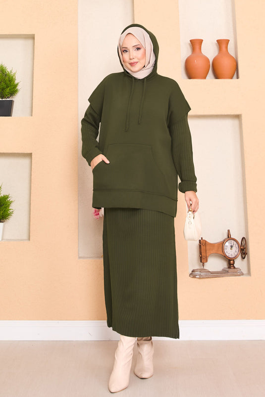 Hooded Sweater Detailed Hijab Two-Piece Dress Set Khaki