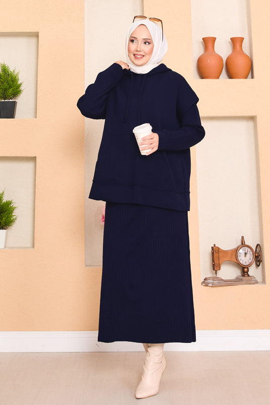 Hooded Sweater Detailed Hijab Two-Piece Dress Set Navy Blue