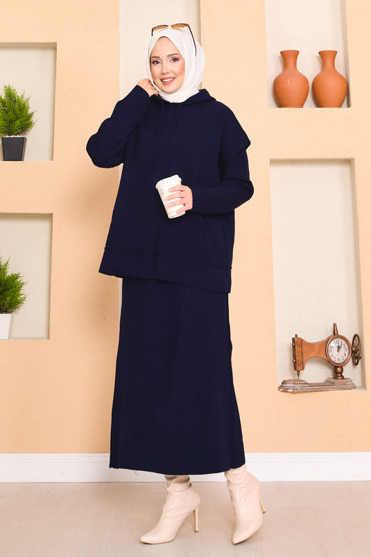 Hooded Sweater Detailed Hijab Two-Piece Dress Set Navy Blue