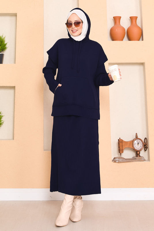 Hooded Sweater Detailed Hijab Two-Piece Dress Set Navy Blue