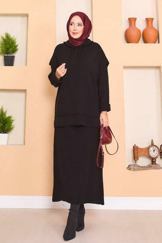 Hooded Sweater Detailed Hijab Two-Piece Dress Set Black