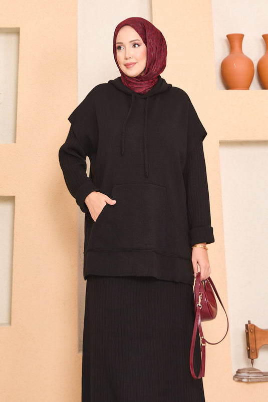Hooded Sweater Detailed Hijab Two-Piece Dress Set Black