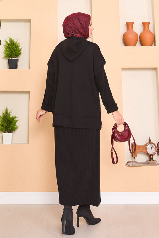 Hooded Sweater Detailed Hijab Two-Piece Dress Set Black