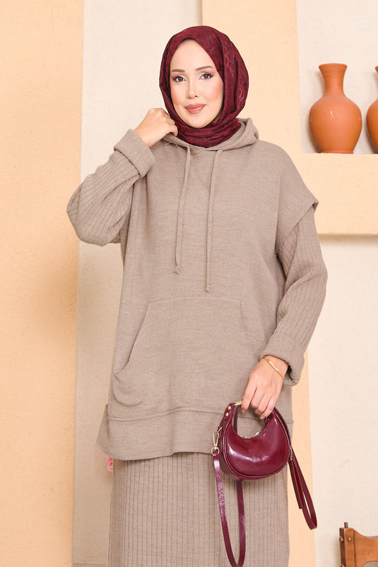 Kapüşonlu Süveter Detaylı Tesettür İkili Elbise Takım Vizon