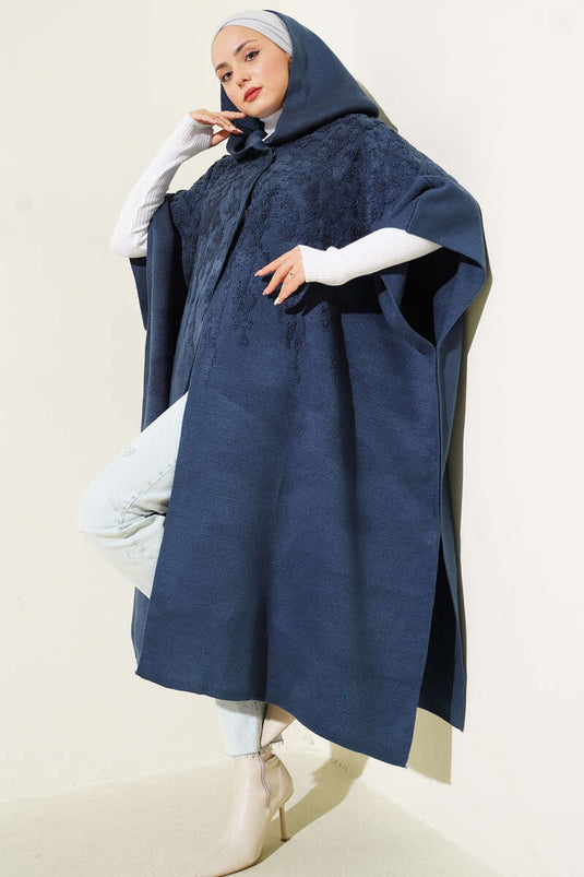 Hooded Knit Poncho Indigo
