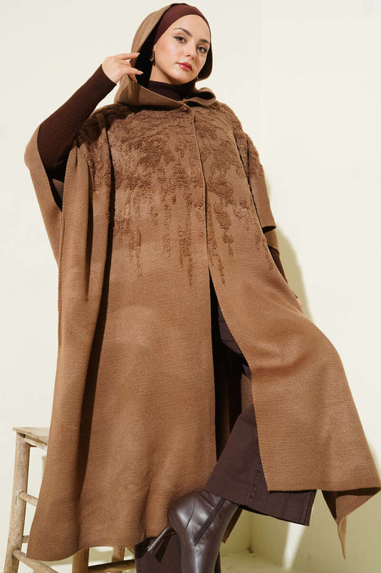 Poncho à capuche en maille Latte