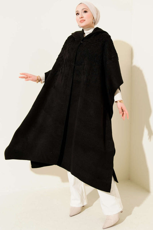 Kapüşonlu Triko Panço Siyah