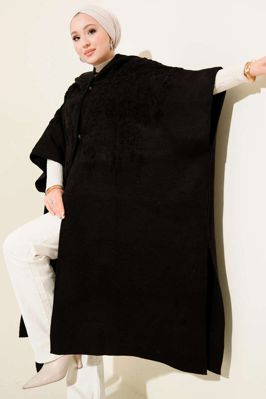Poncho à capuche en maille, noir