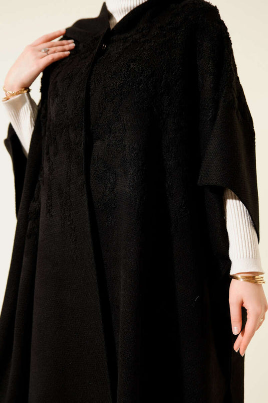 Kapüşonlu Triko Panço Siyah