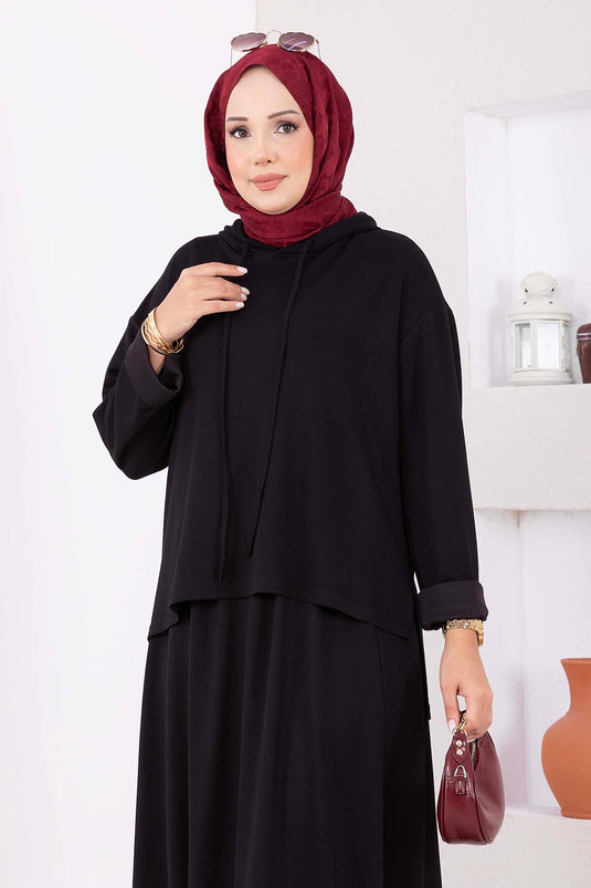 Kapüşonlu Tunik Etek Oyşo Takım Siyah