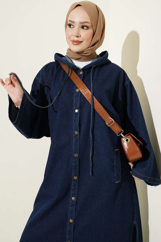 Tunika Lunga In Jeans Con Cappuccio Blu