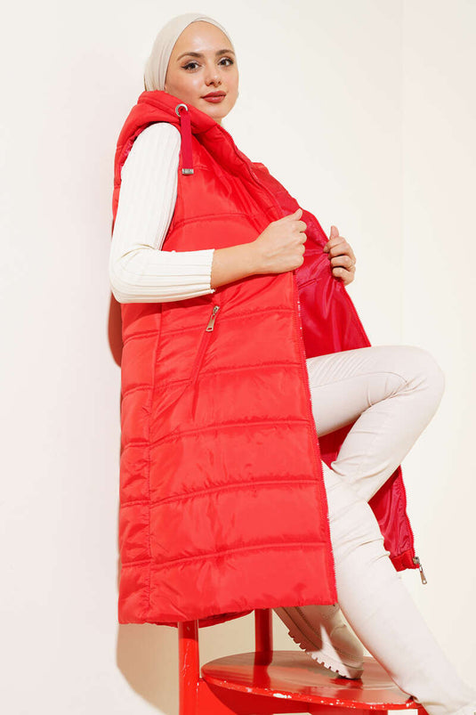 Hooded Long Puffer Vest Red
