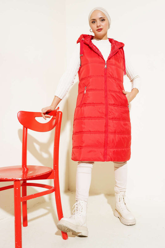 Hooded Long Puffer Vest Red