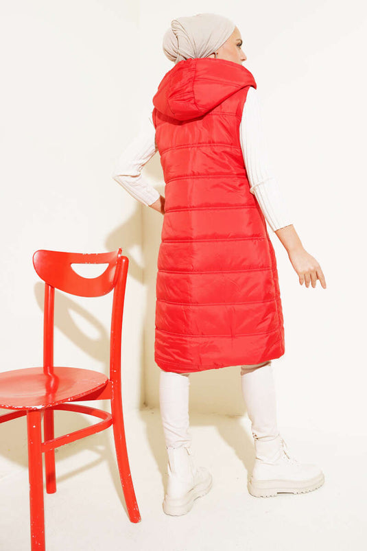 Hooded Long Puffer Vest Red