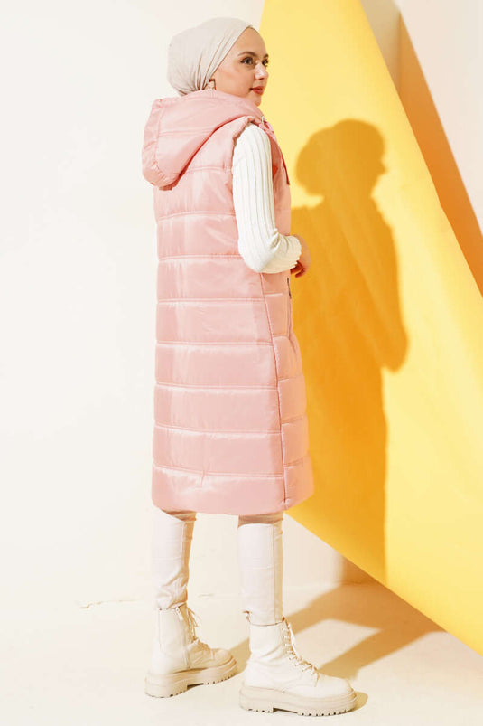Kapüşonlu Uzun Şişme Yelek Pembe