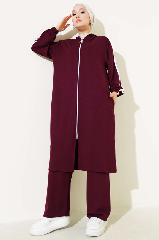 طقم تونيك طويل بغطاء للرأس من قطعتين - لون عنابي