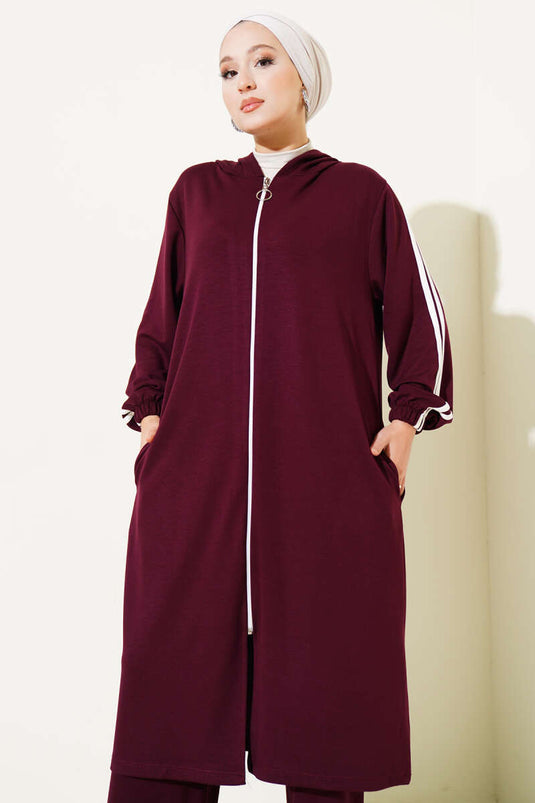 طقم تونيك طويل بغطاء للرأس من قطعتين - لون عنابي