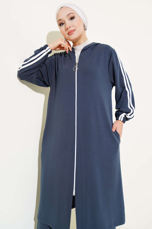 Kapüşonlu Uzun Tunik İkili Takım Füme