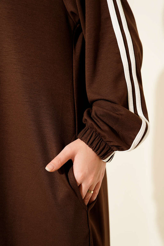 Hooded Long Tunic Two-Piece Set in Brown