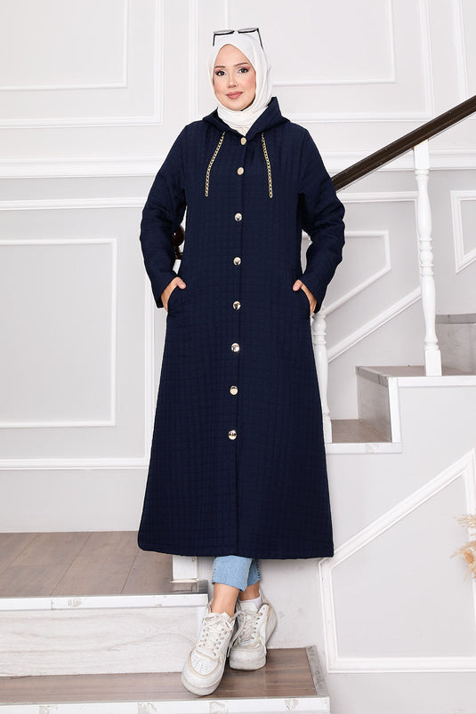 Kapüşonlu Ve Cep Detaylı Kapitone Kap Lacivert