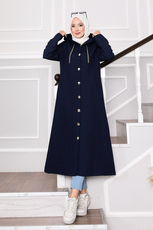 Kapüşonlu Ve Cep Detaylı Kapitone Kap Lacivert